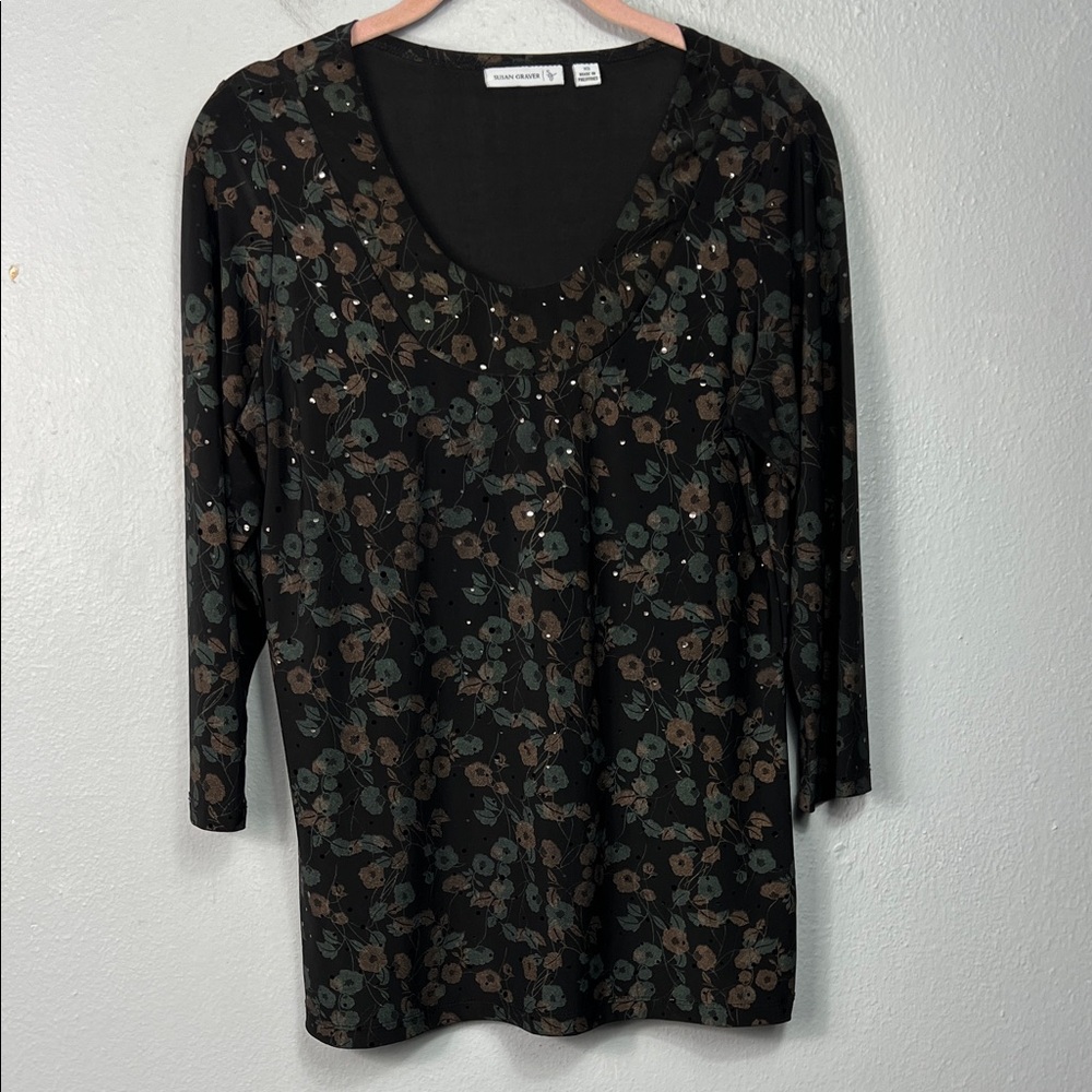 Susan Graver Liquid Knit Allover Floral Print & Sequin 3/4 Sleeve Top XS